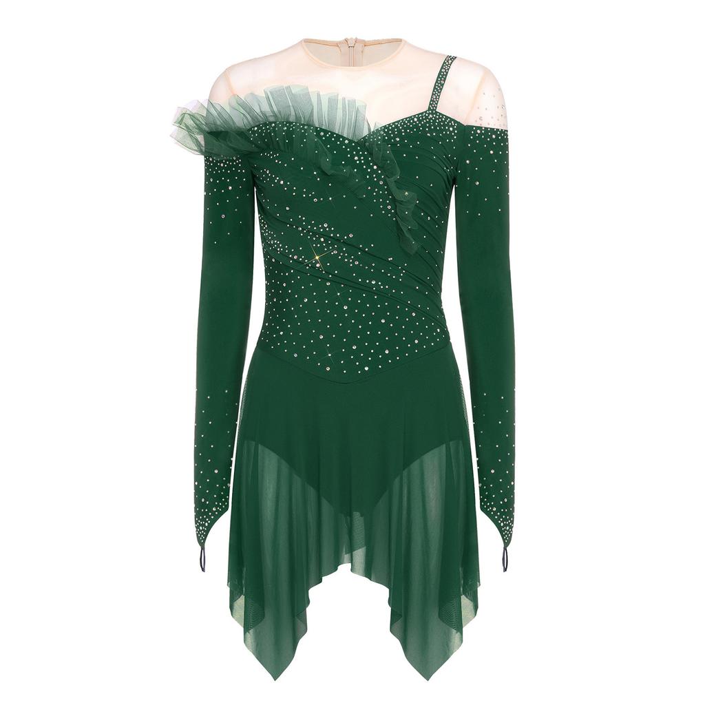 Womens Long Sleeve Bodysuit Dress Rhinestones Sheer Mesh Hem Buttoned Crotch Latin Dance Wear