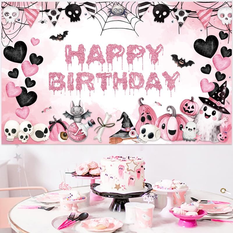 Halloween Birthday Banner Decorations Party Backdrop Pink Heart Skull Garland Sign Background Family Photo for Halloween Birthday Backdrops Theme