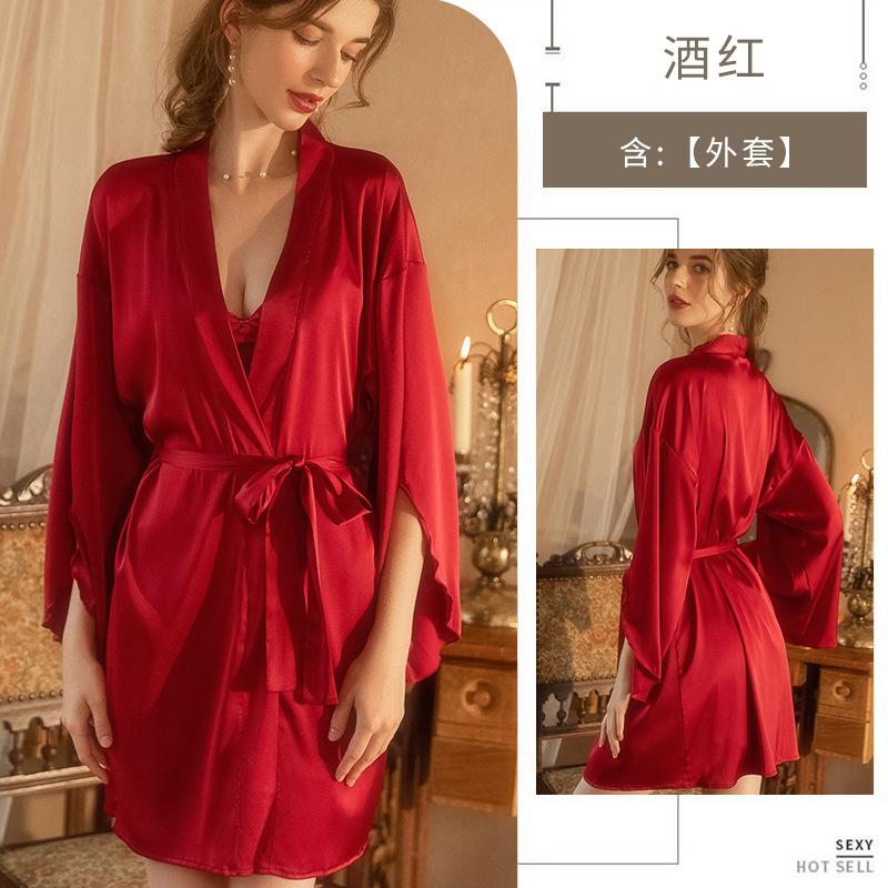 Meilikou's simulated silk high-end home nightgown, ice-feeling silky smooth solid-color morning gown, and wear a nightgown outside.