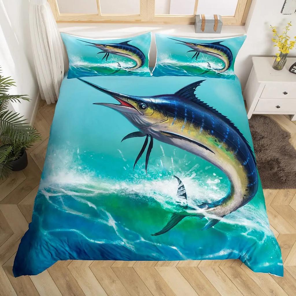 Marlin Svärdfisk Påslakanset Jakt Fiske Sängkläder Set Batik Havsfiske Båt Marint Liv Nautiskt Täckesöverdrag Queen