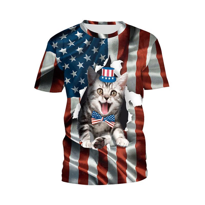 Summer Round Neck 3D American Flag and Animal Graphic Print T-shirts Fashionable Casual Short Sleeved Men's T-shirts