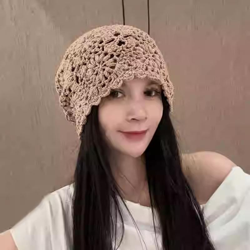 

Изысканный платок, шляпа, женская, ажурная, весна и лето, тонкий дизайн, художественная, для маленького лица, вязаная шляпа, шляпа-бини хаки