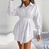 Women Autumn Winter High Waist Asymmetric Dress Shirt Solid Color Lantern Sleeve Lapel Neck Dress