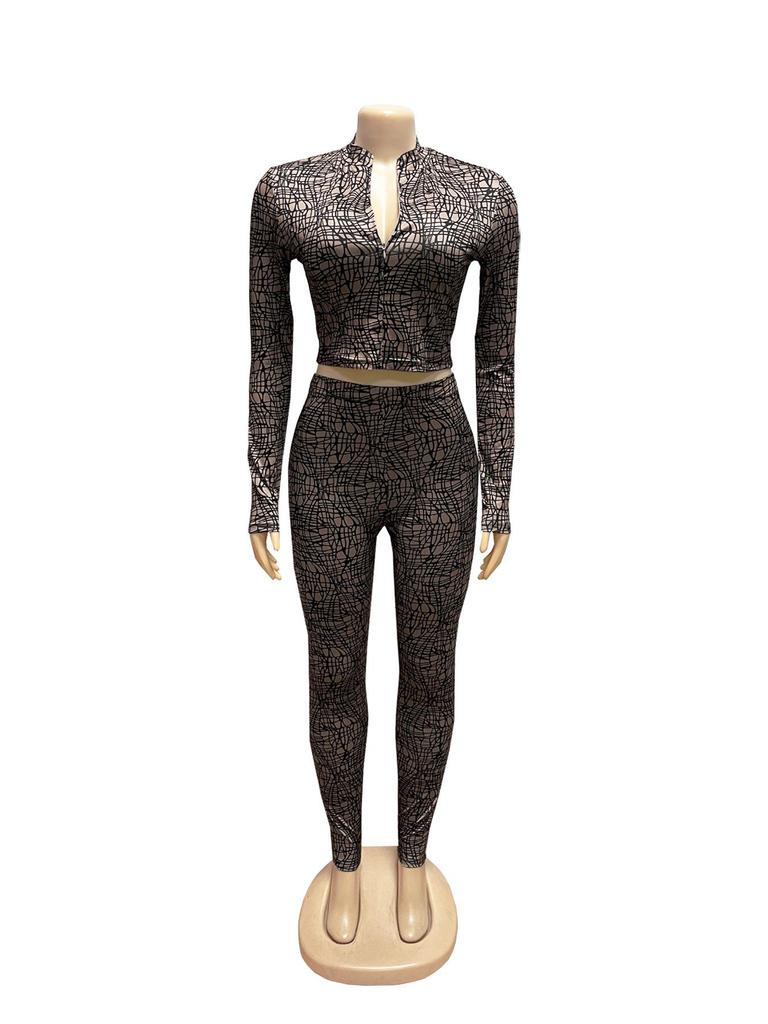 European & American Women's Spring/Autumn Half-High Collar Zipper Cropped Top with Long Sleeve & High-Waisted Pants Two-Piece Set