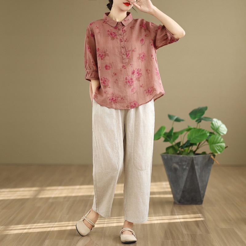 2025 Korean Style Plus Size Slimming Retro Shirt & Casual Cotton-Linen Pants Set for Women