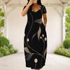 Women Plus Size Round Neck Short Sleeve White Printed Loose Maxi Dress With Side Pockets