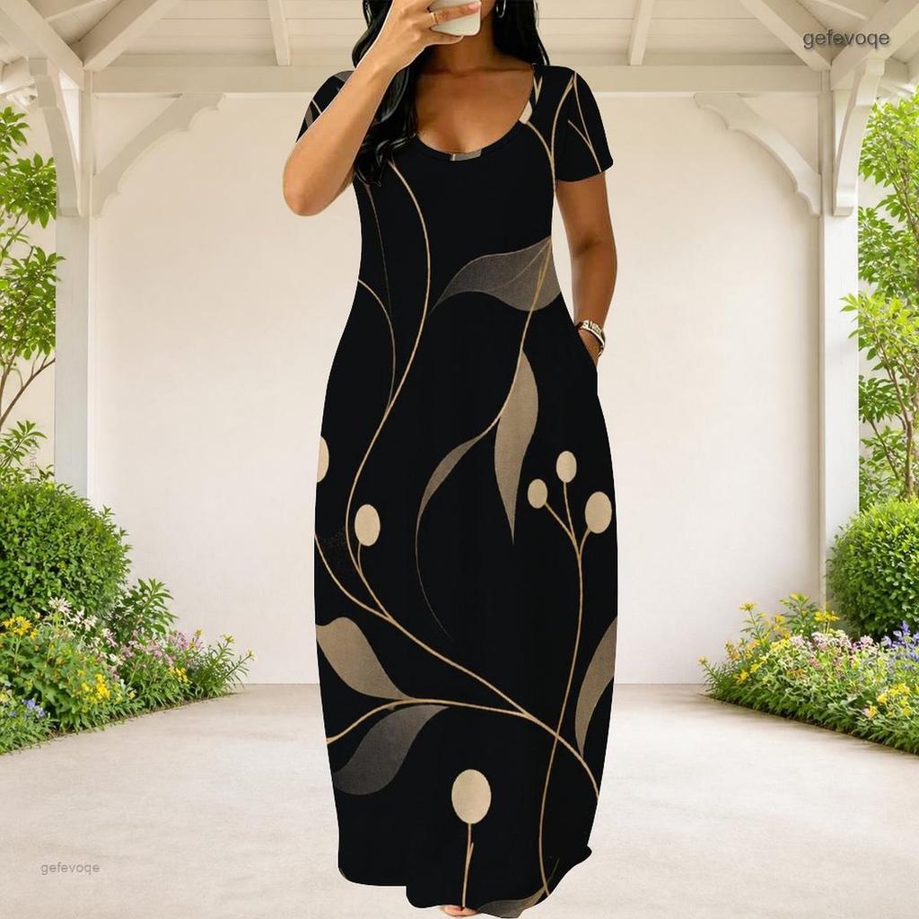 Women Plus Size Round Neck Short Sleeve White Printed Loose Maxi Dress With Side Pockets