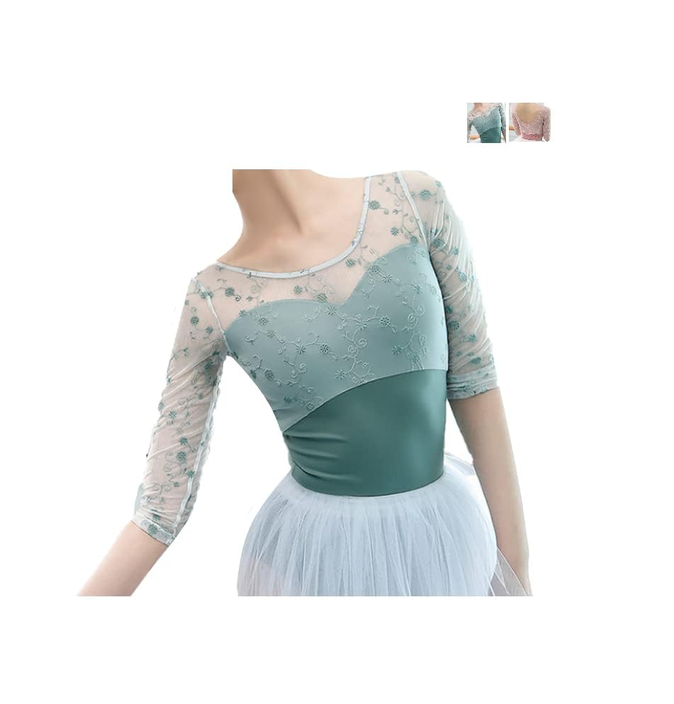 ProDance Pink Mint Long Sleeve Embroidered Ballet Leotard, Cute and Stylish, PLL015M (L, Mint)
