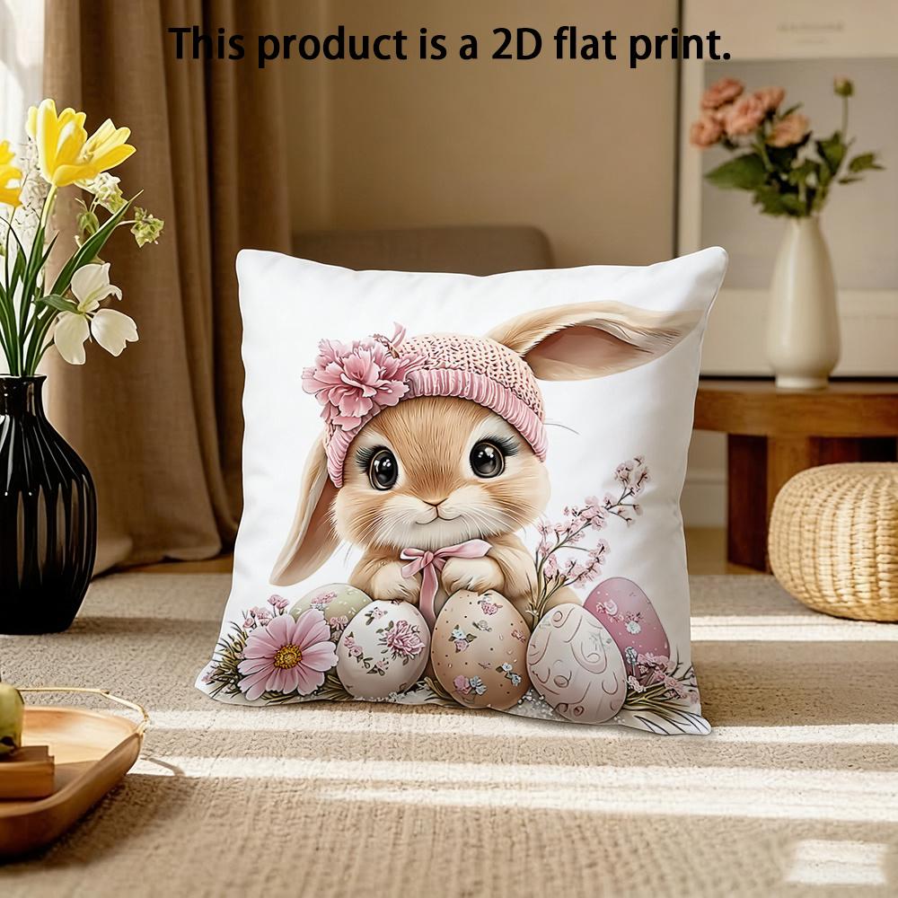 1pc Easter Cute Bunny Pillowcase, Floral Eggs Super Cozy, Sofa Holiday Decorative Cushion Cover, So