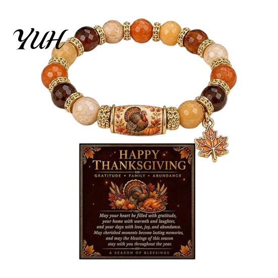 Gratitude Holiday Jewelry Thanksgiving Bracelet for Women, Beaded with Elastic Fit Maple Leaf Charm, Stretch Fall Harvest