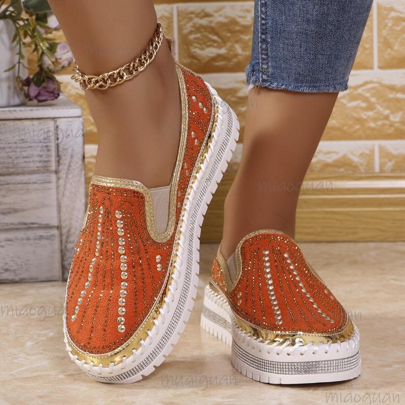 Runde Zehenpartie Damen Slip-on Loafer Mode Kristall Glitzer Anti-Rutsch Freizeit Schuhe für Damen Dicker Boden Flache Schuhe Frühling Sommer