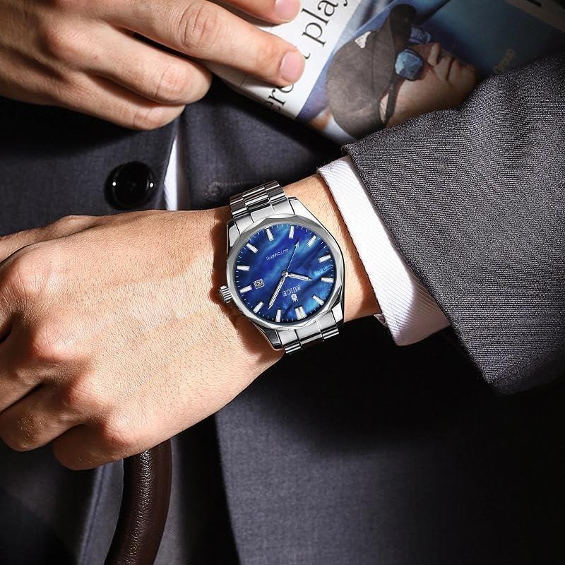 Blaue Zifferblatt Herren Automatische Mechanische Uhr Edelstahlarmband Datumsanzeige Wasserdicht Leuchtend Luxus Business Armbanduhr