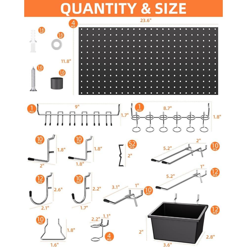 158PCS Metal Pegboard Wall Organizer, 48x24 Inch Black Pegboard Panels Tool Organizer Kit with Accessories Hooks and Bins