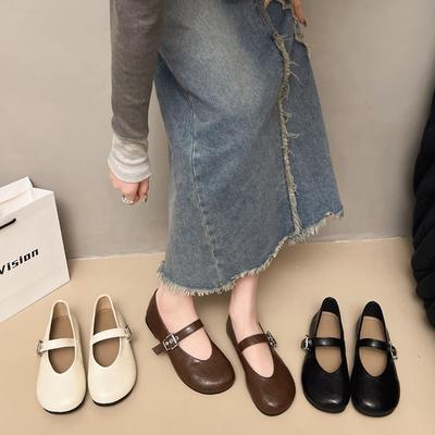 Retro Flat-bottomed Mary Jane Single Shoes Women's Shoes New Spring Shallow Mouth Round Head One-word Buckle Belt