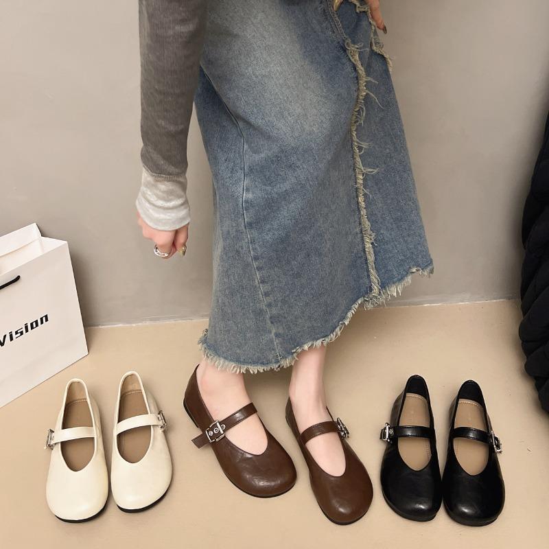 Retro flat-bottomed Mary Jane single shoes women's shoes new spring shallow mouth round head one-word buckle belt
