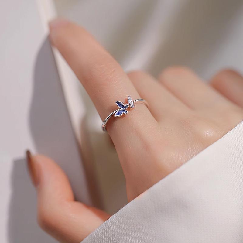 S925 Sterling Silver Blue Butterfly Open Ring: Women's Fashionable High-End Index Finger Accessory