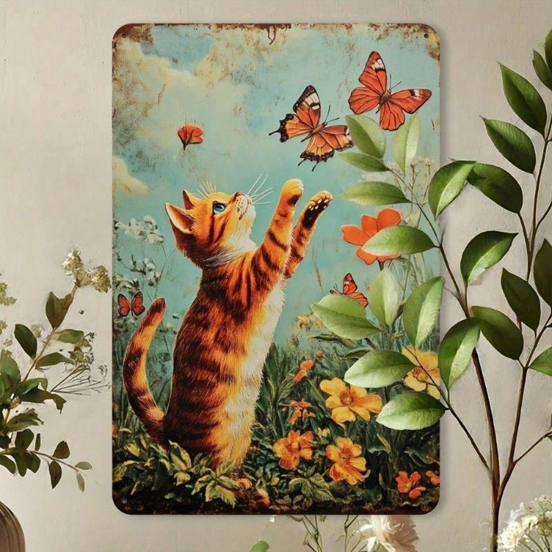 Metal Poster Wall Art Retro Cat Butterflies Vintage Tin Sign Home Decor