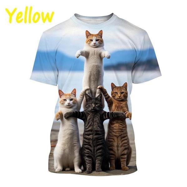 Funny Cute Cat 3D Printing T-Shirt Animal Creative Personality Interesting Street Round Neck Short Sleeve Tees Tops
