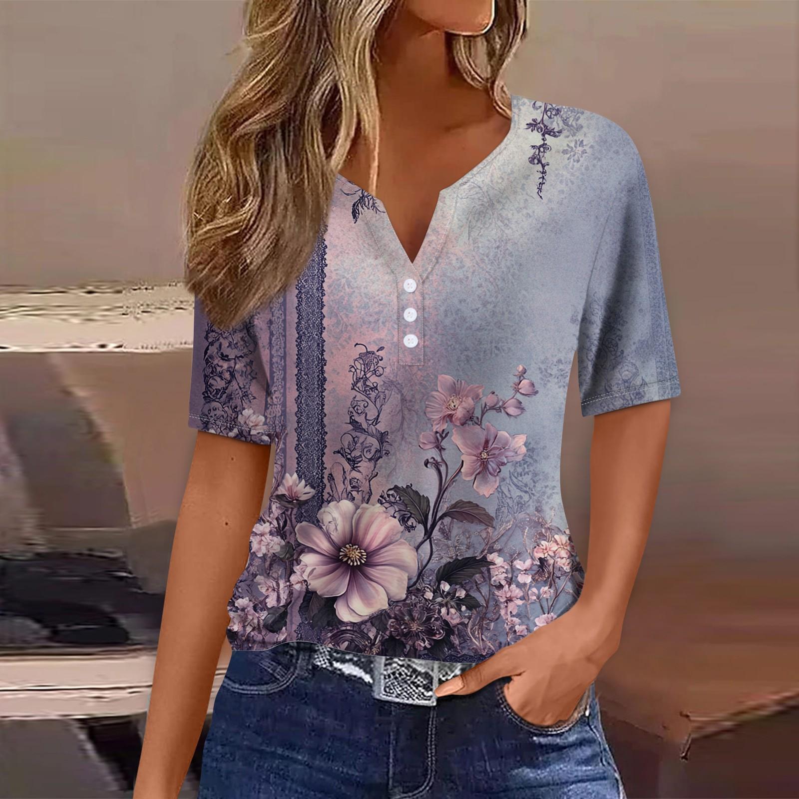 

Жен. Футболка Футболка С принтом Пуговицы С короткими рукавами Повседневные Выходные Мода Классический V-образный вырез Обычный Верх M