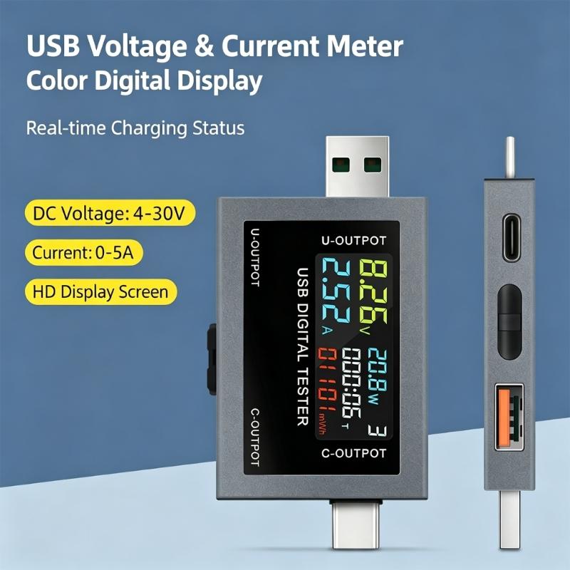 USB Electrical Meter with Automatic Fast Charging Protocol Identification, Color Measurement Screen, and Storage for Up to 9 Data Groups