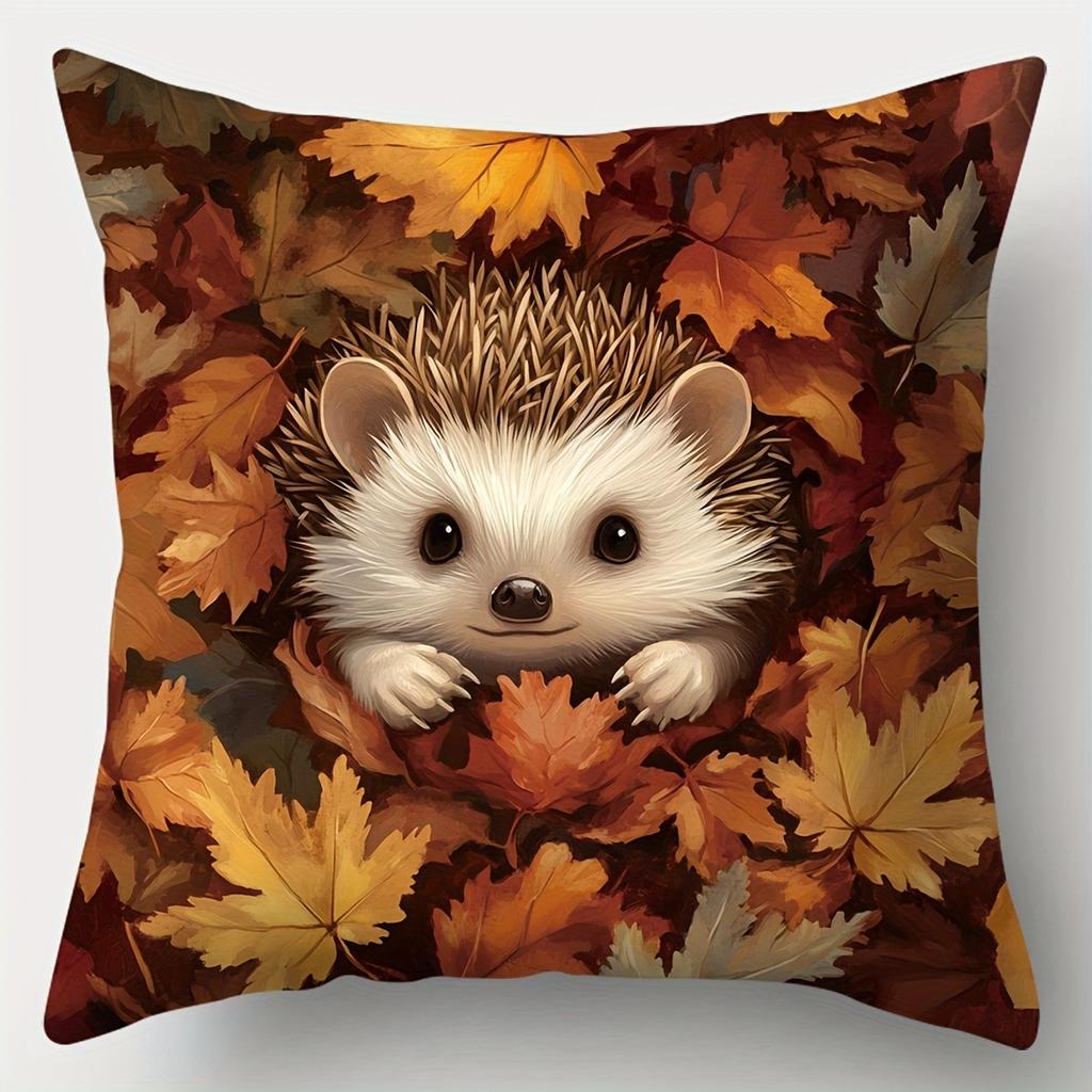 1pc Autumn Cute Hedgehog Maple Leaf Printed Pillowcase