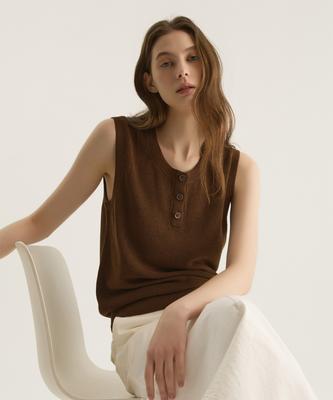 Oteumilkape Henley Neck Sleeveless Knit - Camel