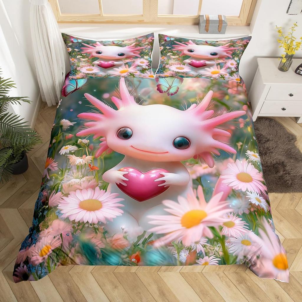 Cartoon Axolotl Duvet Cover Queen Twin Size Salamander Bedding Set for Kids Boys Girls Kawaii Sealife Creature Comforter Cover
