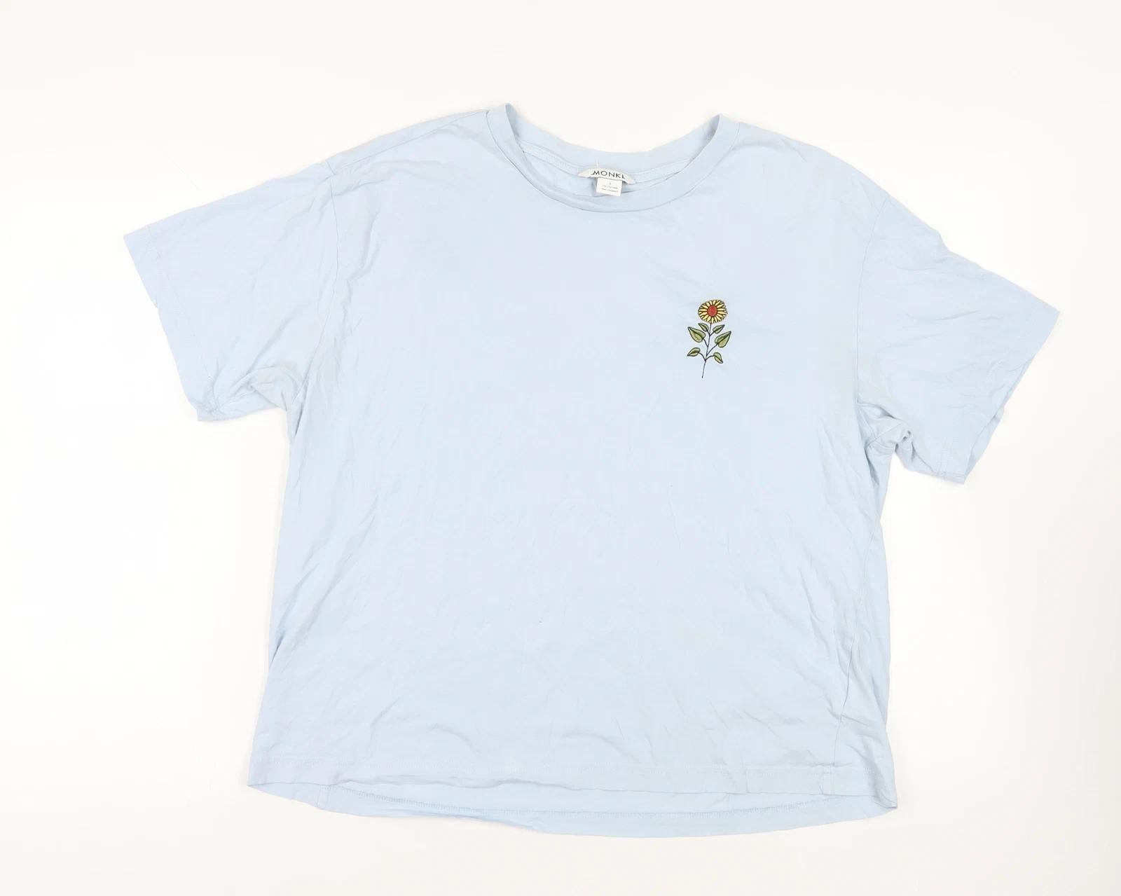 

Monki Womens Blue Cotton Basic T-Shirt Size L Crew Neck - Flower Detail 2XL