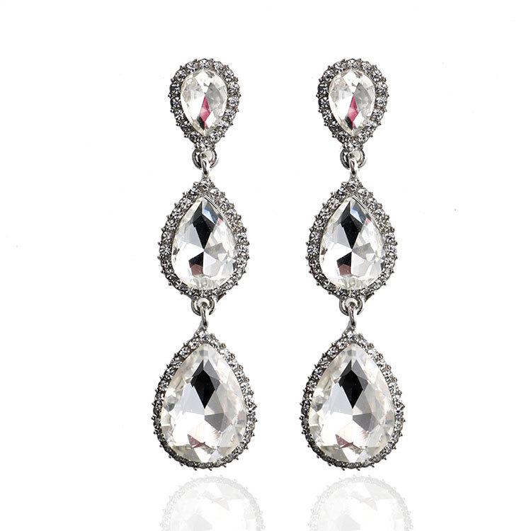 Korean Style Festive Red Teardrop Tassel Earrings with Rhinestones
