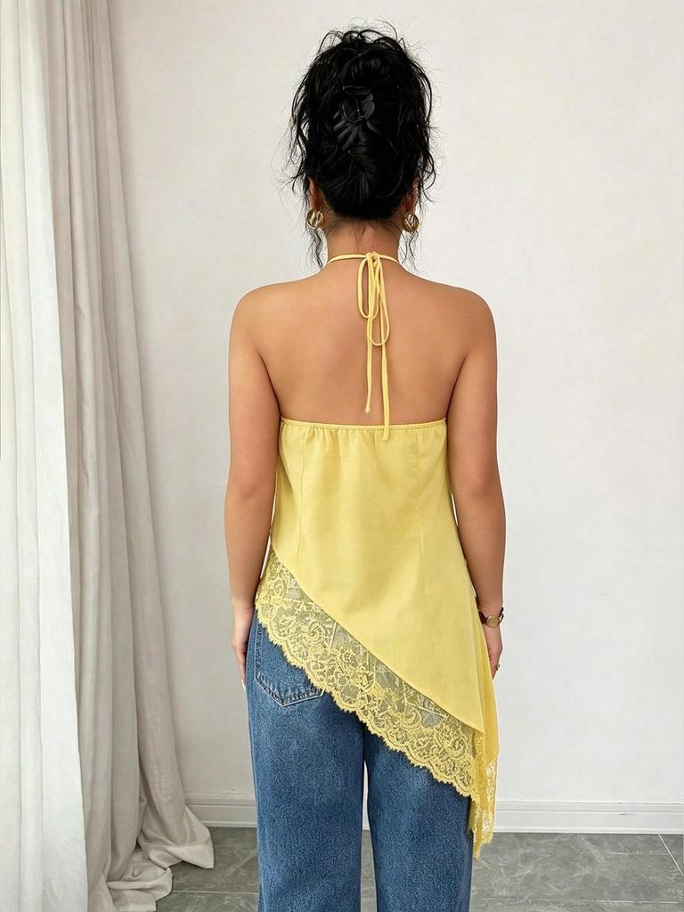 2026 Summer European & American Women's Sleeveless Satin Camisole with Lace Trim