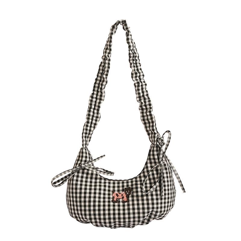 Korean small fresh plaid 2025 summer new niche pleated nylon dumpling bag ins armpit bag