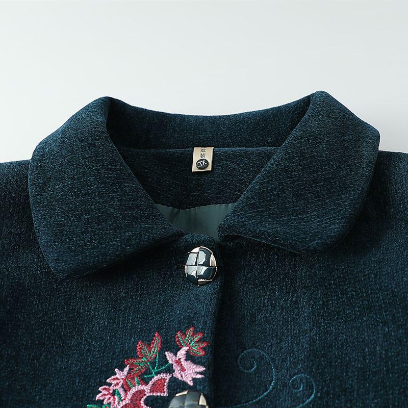 Elegant Embroidered Wool Coat for Elderly Women - Autumn/Winter Fashion with Velvet Lining