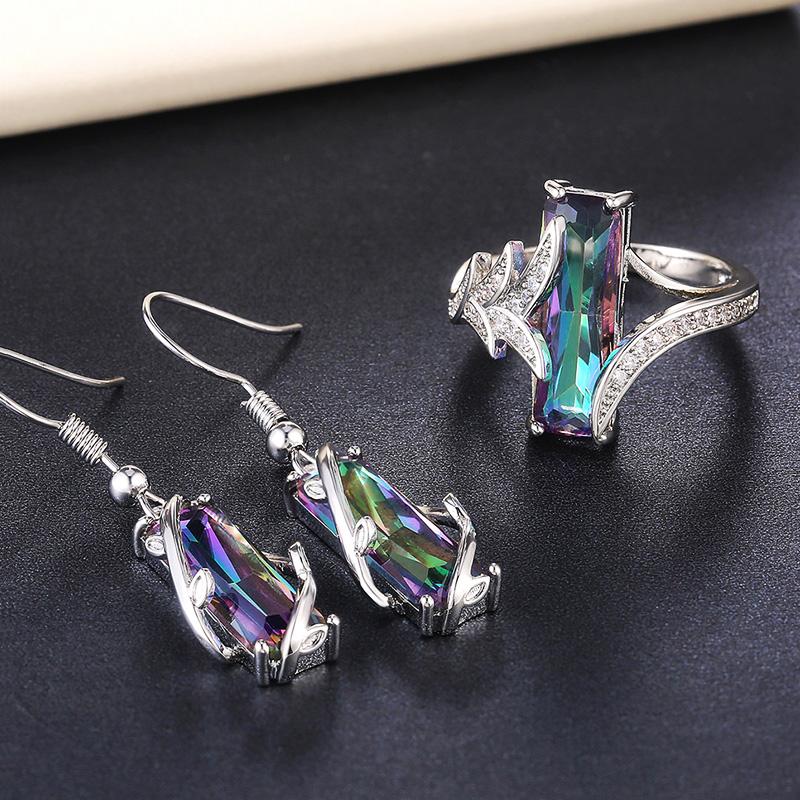 Huitan Multicolored Rectangular Stone Ring/Necklace Set Novel Design Anniversary Party Women  Factory Direct Selling Set