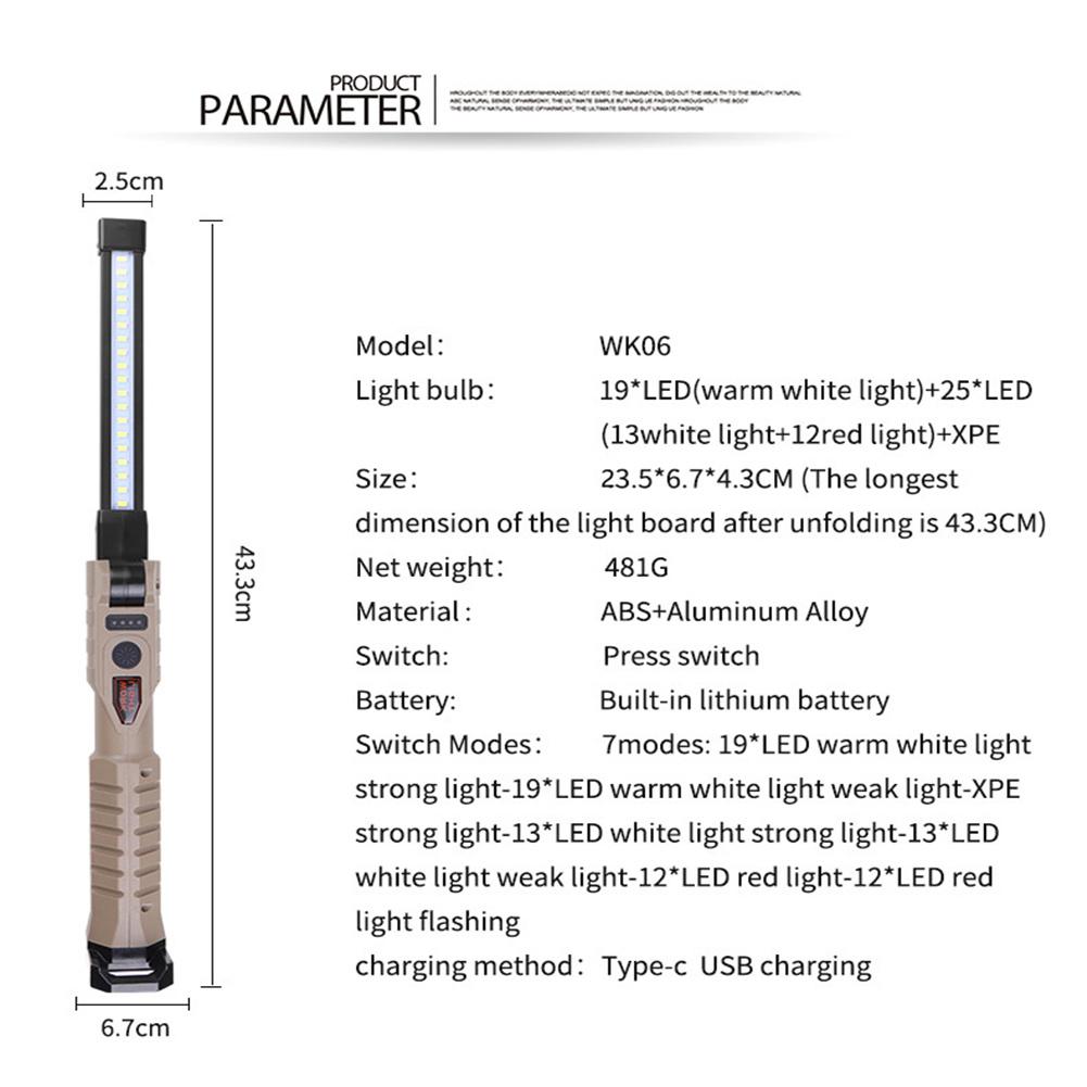 Foldable Led Work Light Hand-held 180 Degree 300-500lm Ipx4 Waterproof Type-c Rechargeable Lamp