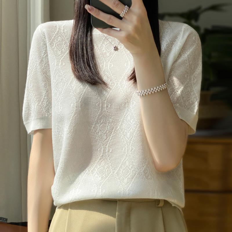 Round Neck Imitation Wool Short-sleeved T-shirt for Women In Summer Thin Loose Knitted Base Shirt Solid Color Half-sleeved Top