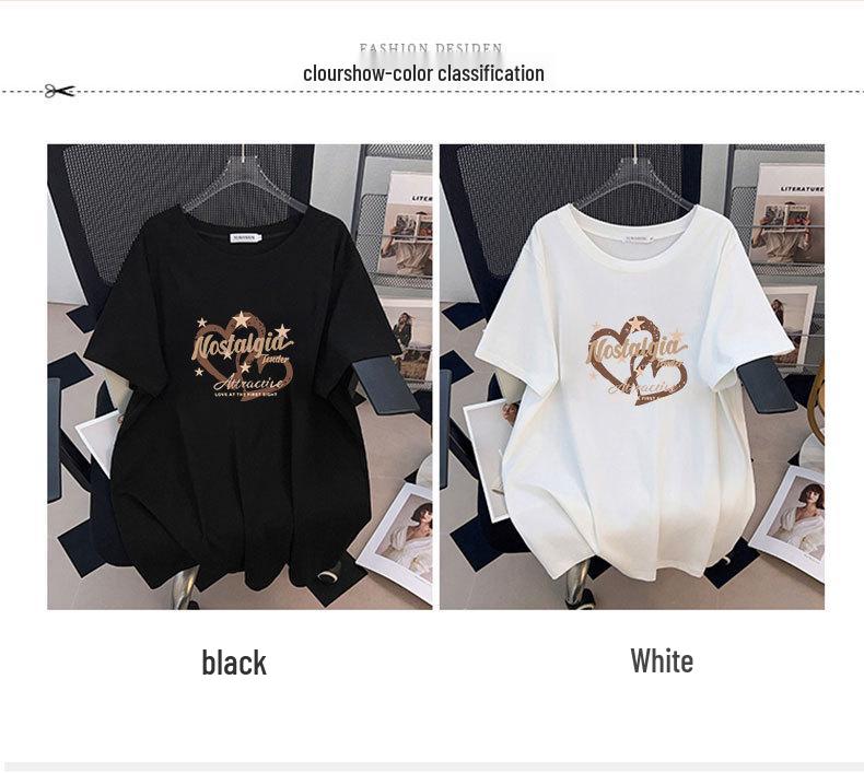 Women's Plus Size Slimming Mid-Length Short-Sleeve T-Shirt - Round Neck, Loose Fit (Sizes 200-350 Jin)