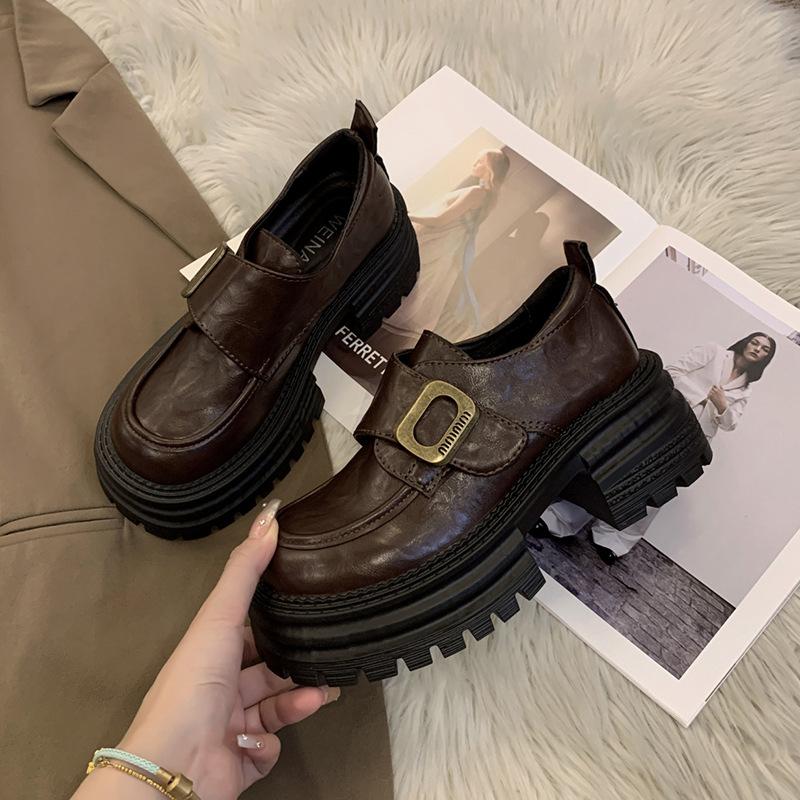 thick-soled thick heel British style small leather shoes women's 2025 new versatile height-increasing women's shoes single shoes black loafers women's
