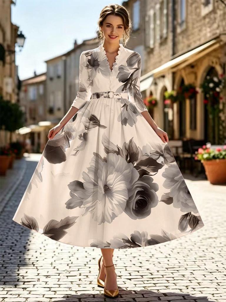 Artistic Retro V-Neck Waist-Cinching Long-Sleeve A-Line Women's Dress