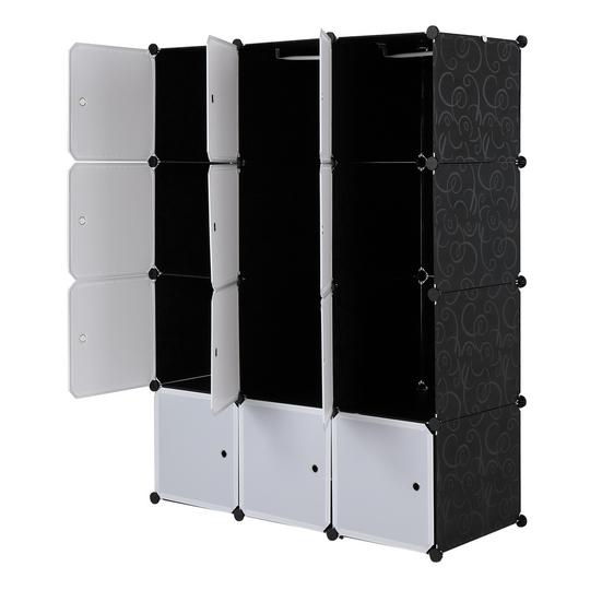 12 Cube Organizer Stackable Plastic Cube Storage Shelves Design Multifunctional Modular Closet Cabinet with Hanging Rod White Doors and Black Panels