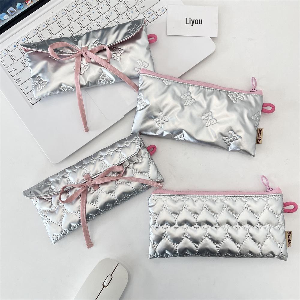 Quilted Bow Flap Women's Multifunctional Pencil Case & Coin Purse