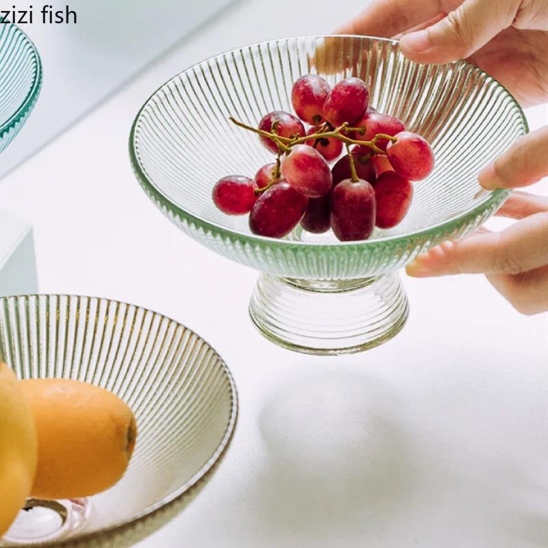 Transparent Glass Fruit Plate Round Shape Tall Feet Glass Bowl Fruit Salad Bowl Snack Tray Dish Dessert Plate Decorative Plates