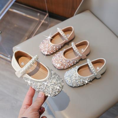 New Little Girl Fashionable Korean Style Pearl Princess Little Leather Shoes Crystal Dancing Shoes
