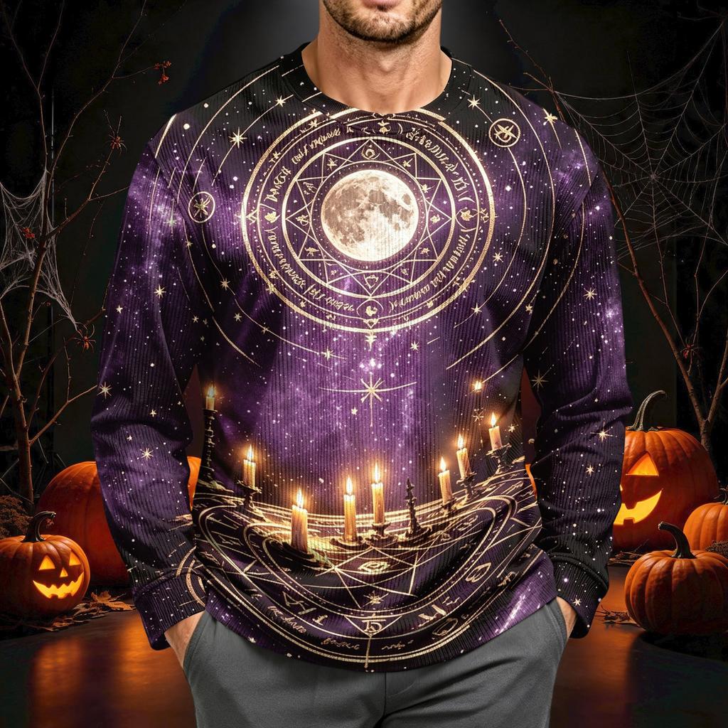 Men's Corduroy Long Sleeve Neck Shirt Halloween Print Casual Pullover Top