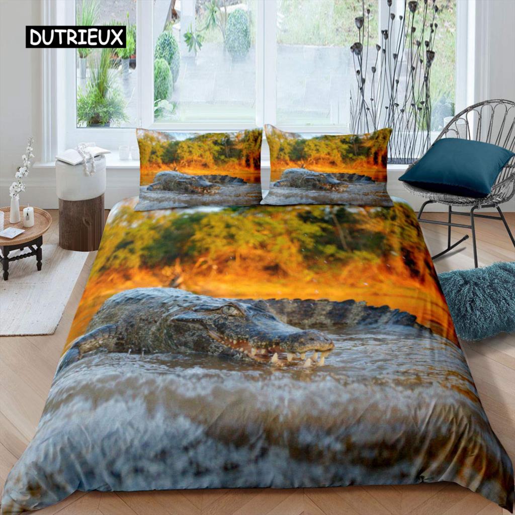 Crocodile Duvet Cover Set Wild Alligator Pattern Bedding Set Wildlife Style Comforter Cover Horror Animal Theme Twin Quilt Cover