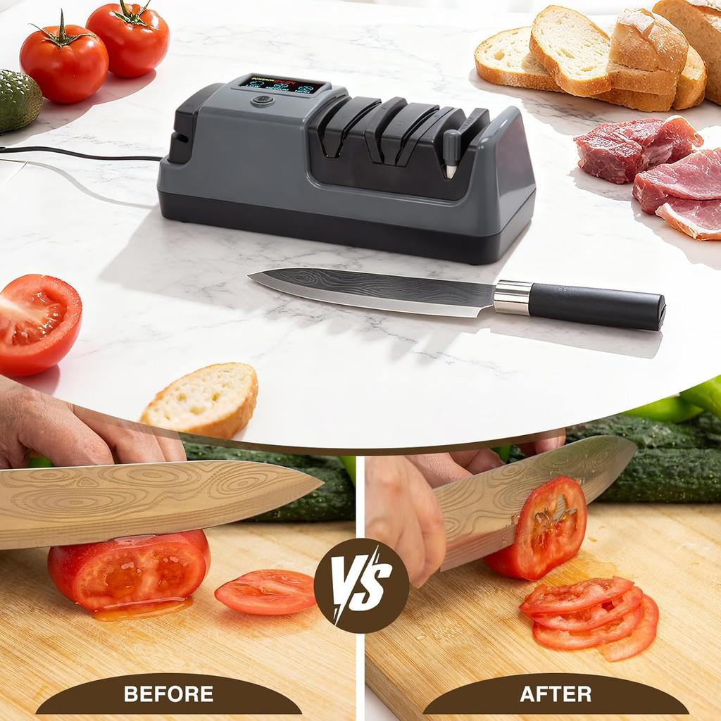 Professional 3-Stage Electric Knife Sharpener for Kitchen Knives, LCD Screen, 100% Diamond Abrasive, Adjustable Rotational Speed, Precision Angle