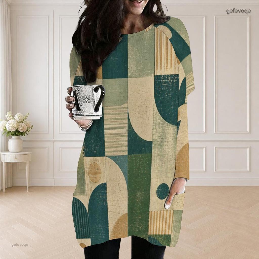 Women Plus Size Round Neck Long Sleeve Geometric Printed Loose Longline Top With Pockets
