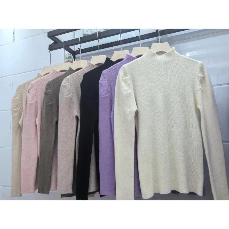 Semi-turtleneck bubble long-sleeved primer sweater for women's autumn and winter slim-fitting and thin knitted sweater short top for women