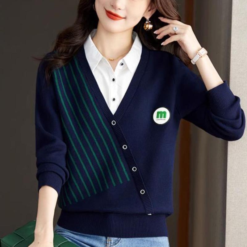 

Воротник рубашки трикотажные ложные два топа женские весна и осень на улице носить базовый свитер XXXL темно-синий