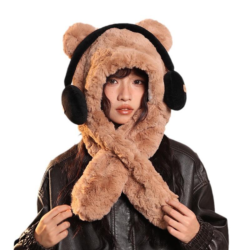 Winter Thickened Cute Headphones Bear Hat Scarf Plush Ear Protection Lei Feng Hat Riding Cold Pullover Hat