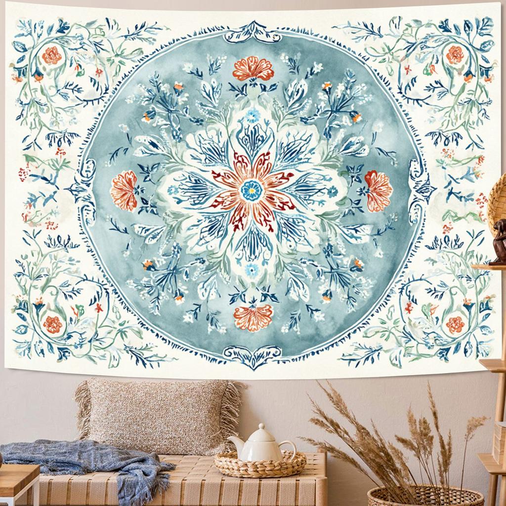 This Exquisite Blue And White Floral Tapestry Features a Bohemian Mandala Design, Perfect for Decorating Living Rooms, Game Room
